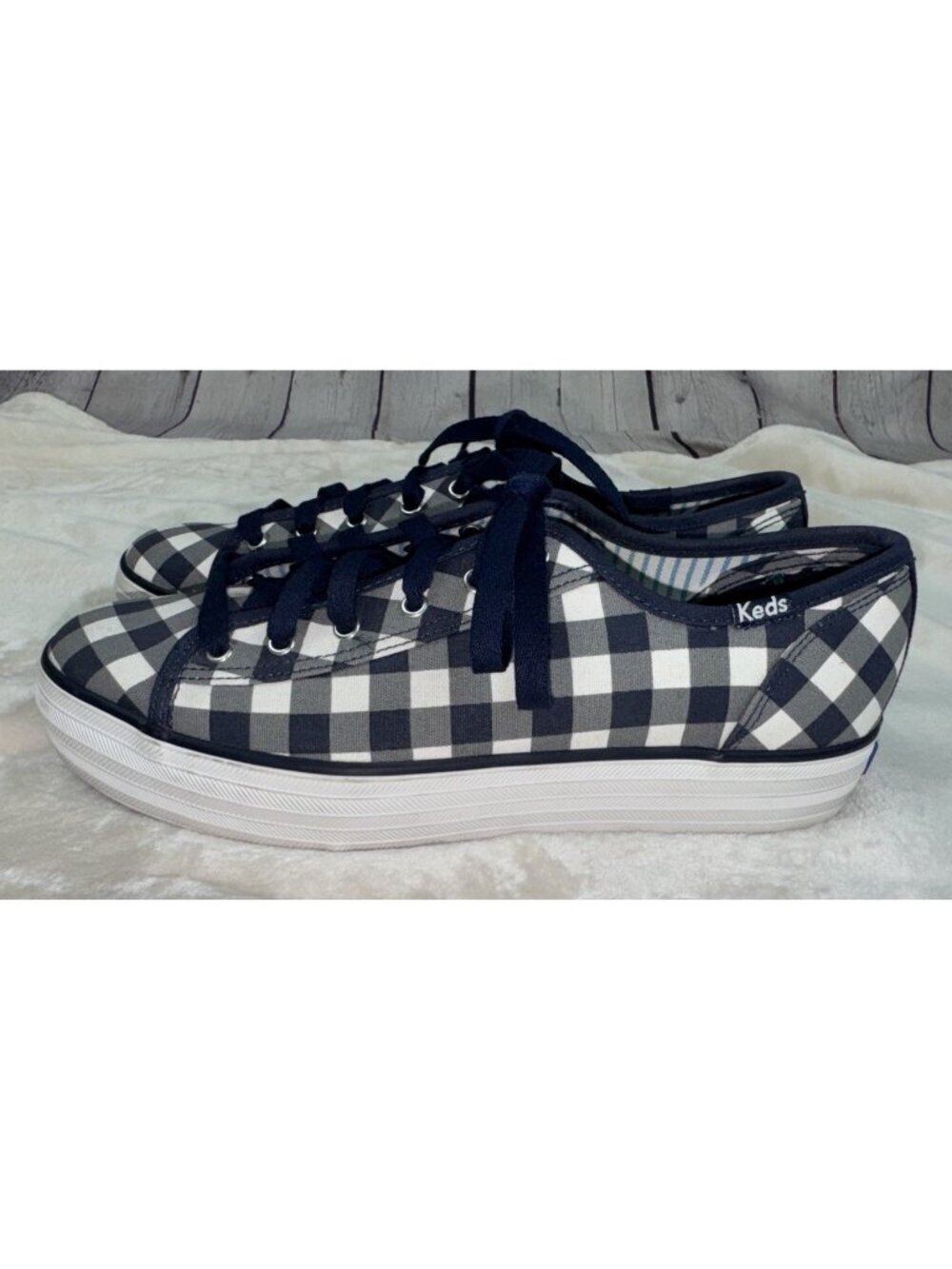 KEDS x DRAPER JAMES Triple Kick Dolly Check Navy White Platform Shoe Size 8